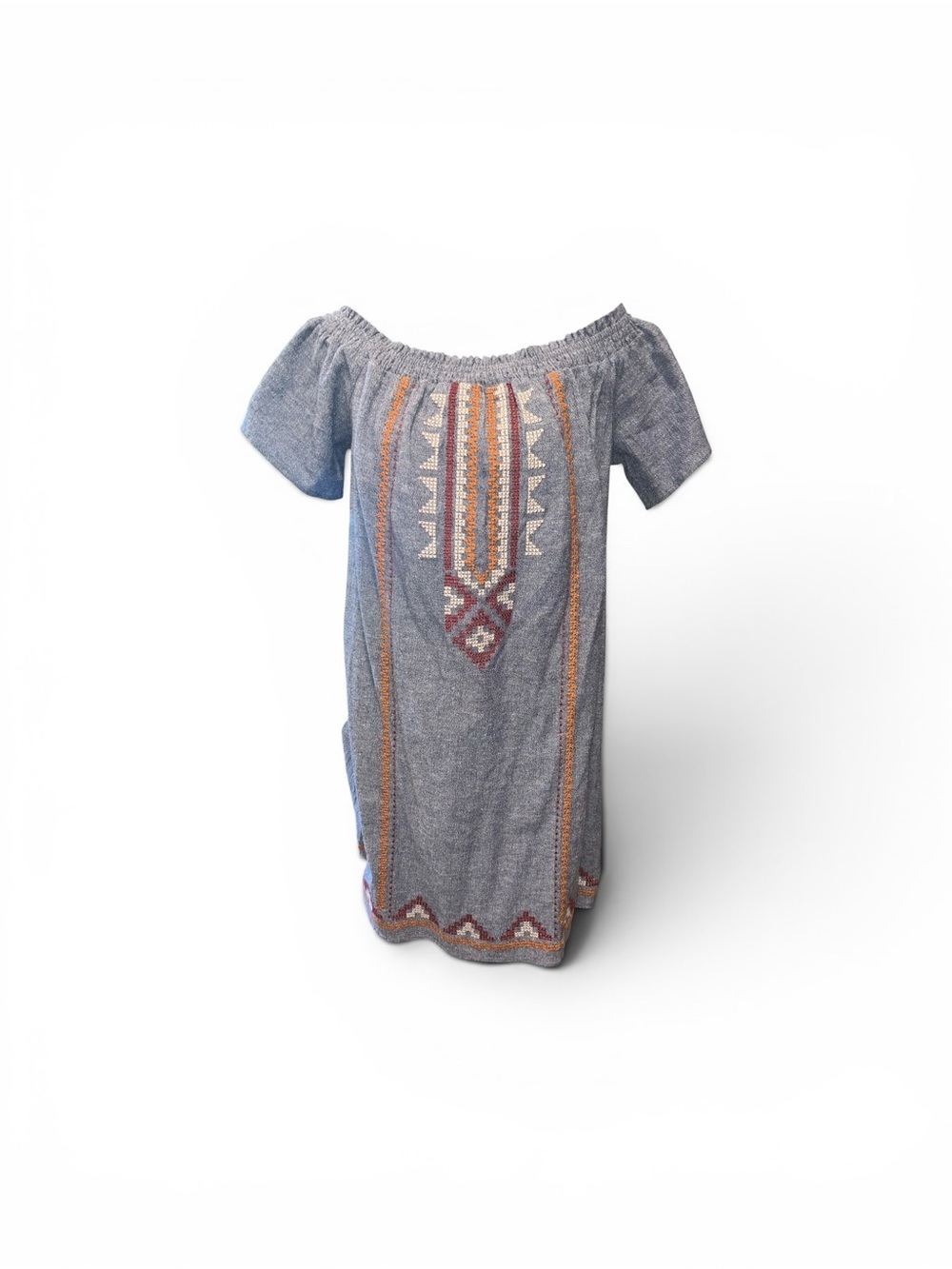 Lush linen blend Off-Shoulder Mini Dress with Orange & Cream Embroidery